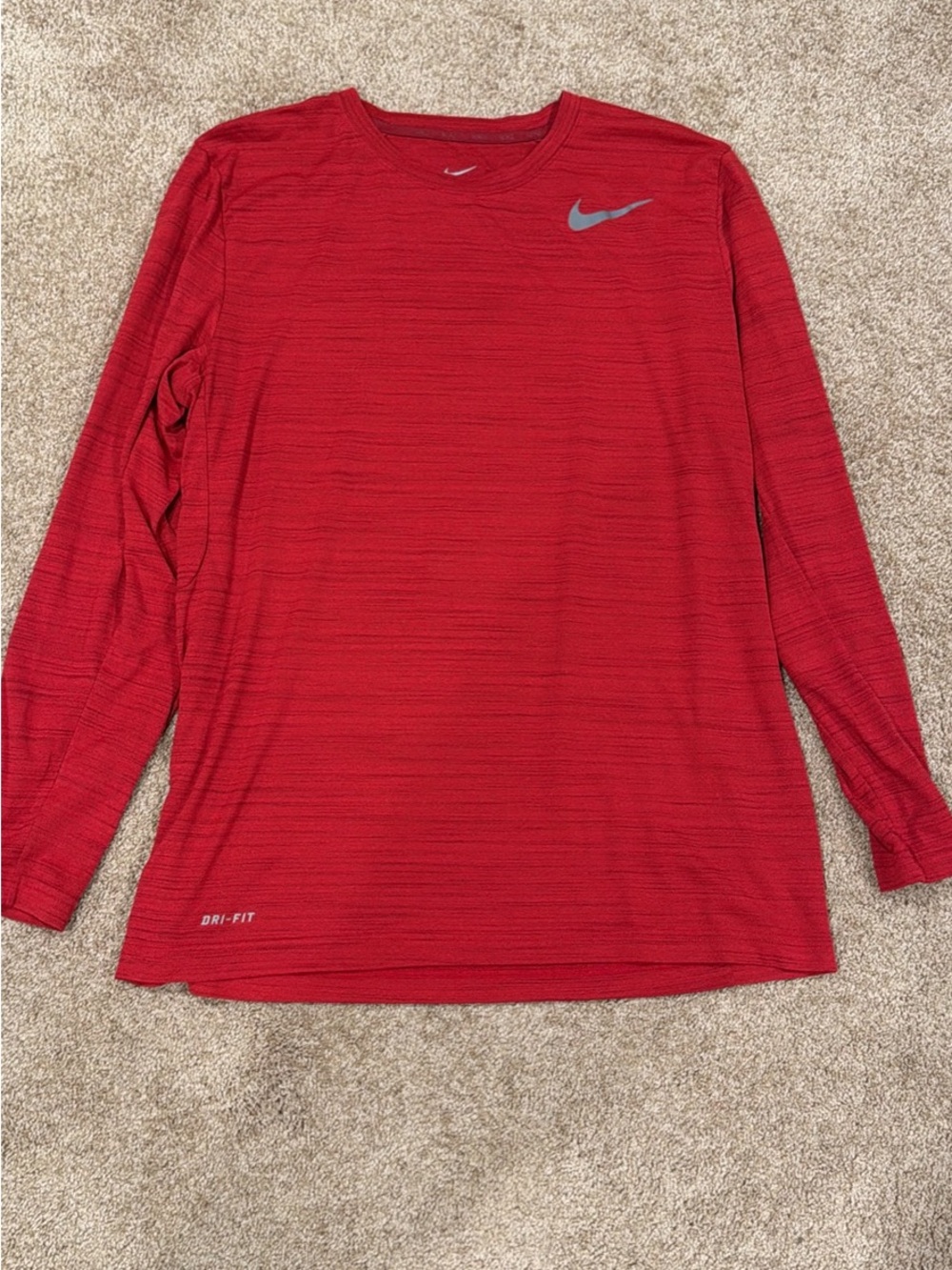 Nike Men’s Long Sleeve Dri-FIT Crew Shirt - Red with Silver Swoosh